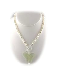 Carved Butterfly New Jade Gemstone Pendant Freshwater Pearl Lariat Sterling Silver Toggle Necklace