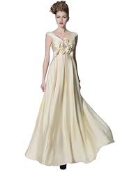 V-neck Beaded Pleated Floor Length Floral Print Satin Evening Dress/Prom Dress/Wedding Party Dress 