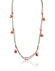 Steve Madden Shaky Red Bead and Gold Feather Long Adjustable Necklace, 50"