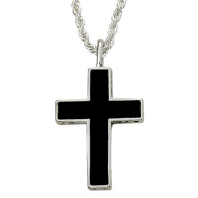Sterling Silver 1 1/4 Cross Necklace with Black Onyx and Silver Border on 22 Chain