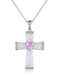 Sterling Silver Created Pink Sapphire, Created Opal and Diamond Cross Pendant Necklace