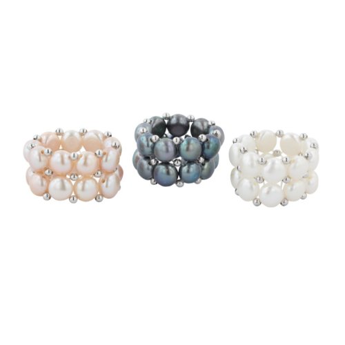 Click to see more detail White, Black and Pink Freshwater Cultured Pearl Two-Row Stretch Ring with Sterling Silver Beads, Set of 3,cheap White, Black and Pink Freshwater Cultured Pearl Two-Row Stretch Ring with Sterling Silver Beads, Set of 3