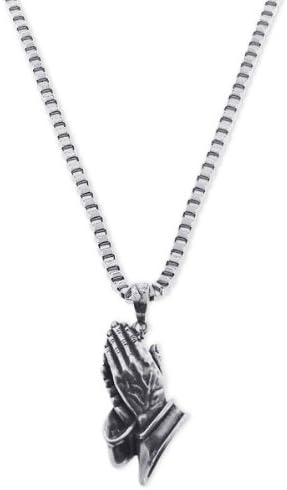 Large Praying Hands Pendant - 24 Inch Stainless Steel Box Chain Necklace - Oxidized 316 L