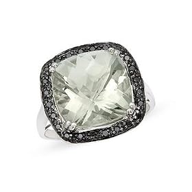 6 5/8 Carat Green Amethyst and Black Diamond 14K White Gold Ring