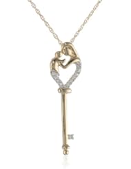 XPY 14k Yellow Gold Diamond Mother Holding Child Key Pendant (.03 cttw, I-J Color, I2-I3 Clarity), 18"