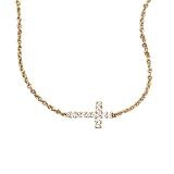 Side Set Cross Necklace withCubic Zirconia CZ 14K Yellow Gold on Sterling Silver