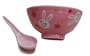 Pink and white bunny rice bowl and spoon set - porcelain, hand painted