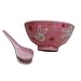 Pink and white bunny rice bowl and spoon set - porcelain, hand painted