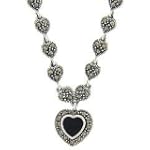 Sterling Silver Marcasite Black Onyx Station-Style Heart Necklace