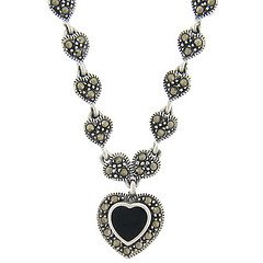 Sterling Silver Marcasite Black Onyx Station-Style Heart Necklace
