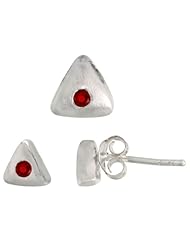 Sterling Silver Matte-finish Triangular Earrings (6mm tall) & Pendant Slide (7mm tall) Set, w/ Brilliant Cut Ruby-colored CZ Stones