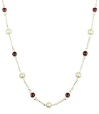 Sterling Silver with 9 Freshwater Pearls and 8 Garnet Round Cabochon Necklace, 18
