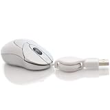 White Mini USB 2.0 Red-Laser Optical Mouse for all Netbooks and Laptops - with Retractable USB Cord for easy storage - PLUG-N-PLAY