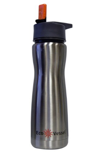 Eco Vessel Insulated Stainless Steel Water Bottle with Flip Straw Top - Vacuum Sealed Thermos (25-Ounce, Silver Express)