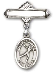 Sterling Silver Baby Badge with St. Sebastian/Figure Skating Charm and Polished Badge Pin
