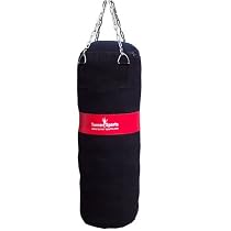 Canvas Kick Boxing Punch bag Filled martial Arts with Chain & bag mitts Black with Red Stripe 4ft