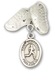 Sterling Silver Baby Badge with St. Sebastian/Track & Field Charm and Baby Boots Pin