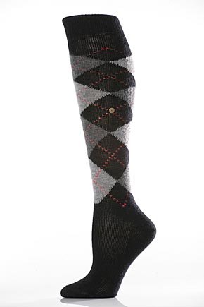 Ladies 1 Pair Burlington Original Extra Soft Argyle Knee High - 3.5-7.5 Ladies - Black / Grey / Lt Grey