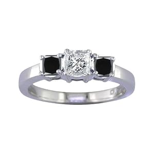 1/4 Ct. Three-Stone Black & White Diamond Engagement Ring Bridal Style Princess Cut in 14K White Gold Size 7