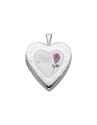 Sterling Silver Pink Enamel Engraved Heart "Mom" Locket Pendant (0.8" or 20mm Height)