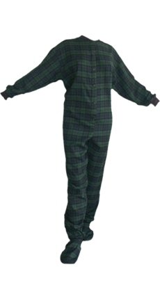 Big Feet Pjs Navy Blue & Green Plaid 'Black Watch' Flannel Adult Footie Footed PJs w/ Drop-seat