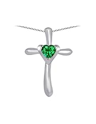 Original Star K (tm) Cross Love Pendant with 6mm Heart Shape Simulated Emerald in 925 Sterling Silver