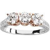 14K Rose and White Gold Hand Engraved Diamond Three-Stone Anniversary Ring - 0.75 Ct.
