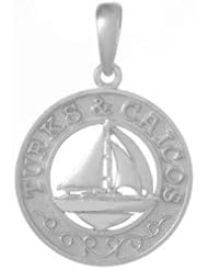 925 Solid Sterling Silver Travel Necklace Charm Pendant, Turks & Caicos, Round Frame S