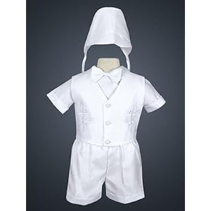 Baby Boy's Embroidered Vest Christening Short Set and Bonnet