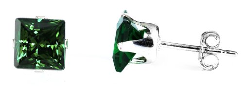 0.5 ct. Sterling Silver Square Emerald Stud Earrings. 3MM CZ. May Birthstone. Includes Gifts Packaging At No Extra Cost!