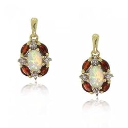 Opal, Garnet, and Diamond Dangle Stud Earrings in Solid Yellow Gold