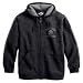 Apparel : Harley Davidson Men's Hooded Skull Sweatshirt. Zippered front with drawstring hood, two hand-warmer pockets and dimensional screen-printed Harley-Davidson® graphics on sleeves, left chest, and back. Appliquéd and embroidered skull on left chest and back. 60% cotton, 40% polyester fleece. 99035-08VM