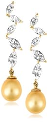 Gold Plated Sterling Silver Dyed Golden Freshwater Cultured Pearl with Cubic Zirconia Leaf Drop Earrings
