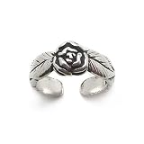 Rose Flower and Leaves Antiqued Sterling Silver Pinky Band Toe Ring