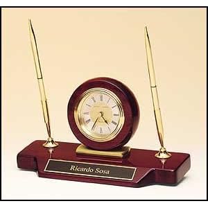 Personalized Desk clock with double pen set on brass and rosewood stained piano finish...