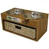 Raised Feeders Bamboo Bistro Double Dinner Dog Bowl with Storage Basket 2 1.25-quart 16.5 length x 9.5 width x 8 height