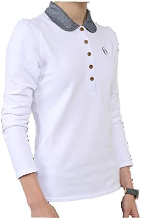 ChanzeePK Women's / teen's Long Sleeve cotton T-shirt, with Chambray Collar/Elbow Patches, M, White