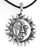 Pewter Sun Moon Face Celestial Lunar Solar Pendant, Leather Necklace