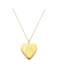 14K Yellow Gold Engraved Our Lady Guadalupe Heart Locket Pendant (0.8" Inches or 20mm) with 1.2mm Rolo Cable Chain - 18" Inches