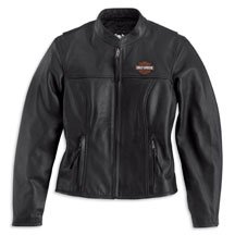 Harley Davidson Womens Stock Leather Jacket, made of drum-dyed, midweight leather with a mandarin collar, action back and zippered cuffs. Hand-warmer pockets and one inside pocket. Embroidered Bar & Shield logo patch on left chest, 98112-06VW, 1W