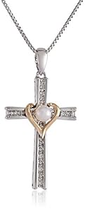 XPY Sterling Silver and 14k Gold Freshwater Pearl and Diamond Cross My Heart Pendant Necklace, 18
