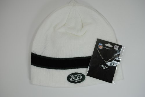 New York Jets Gift Set - Reebok White Knit Beanie Cap - Logo Pendant Necklace