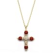 14k Yellow Gold Red Coral and Diamond 'X' Cross Pendant with Chain