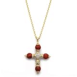 14k Yellow Gold Red Coral and Diamond 'X' Cross Pendant with Chain