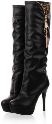 WeenFashion Women's Sexy Style Stiletto Metalornament High Boots with Rhinestones and Zipper, Black, 4 B(M) US