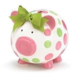 Girls Pink & Green Circles Pig Piggy Bank Green Bow Ceramic Personalized Baby Nursery Decor