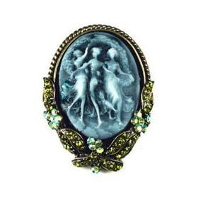Green Olivine Austrian Rhinestone Green Color Dancing Lady Maiden Cameo Antique Brass-Tone Brooch Pin