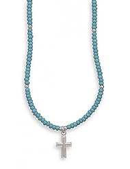 MMA Silver - 13 inch+2 inchExtension Necklace with Turquoise Glass Beads and Cross Charm
