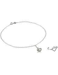 Sterling Silver Toe Ring and Chain Anklet with Cubic Zirconia Heart Drop, 10"