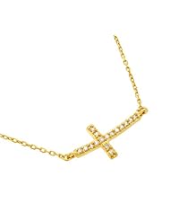 Sterling Silver Gold Plated Sideways Curved Cz Cross Necklace 16 Inch Plus1 Inch Adjustable